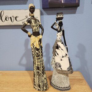 African Tribal Lady Figurines Black and White Set of 2